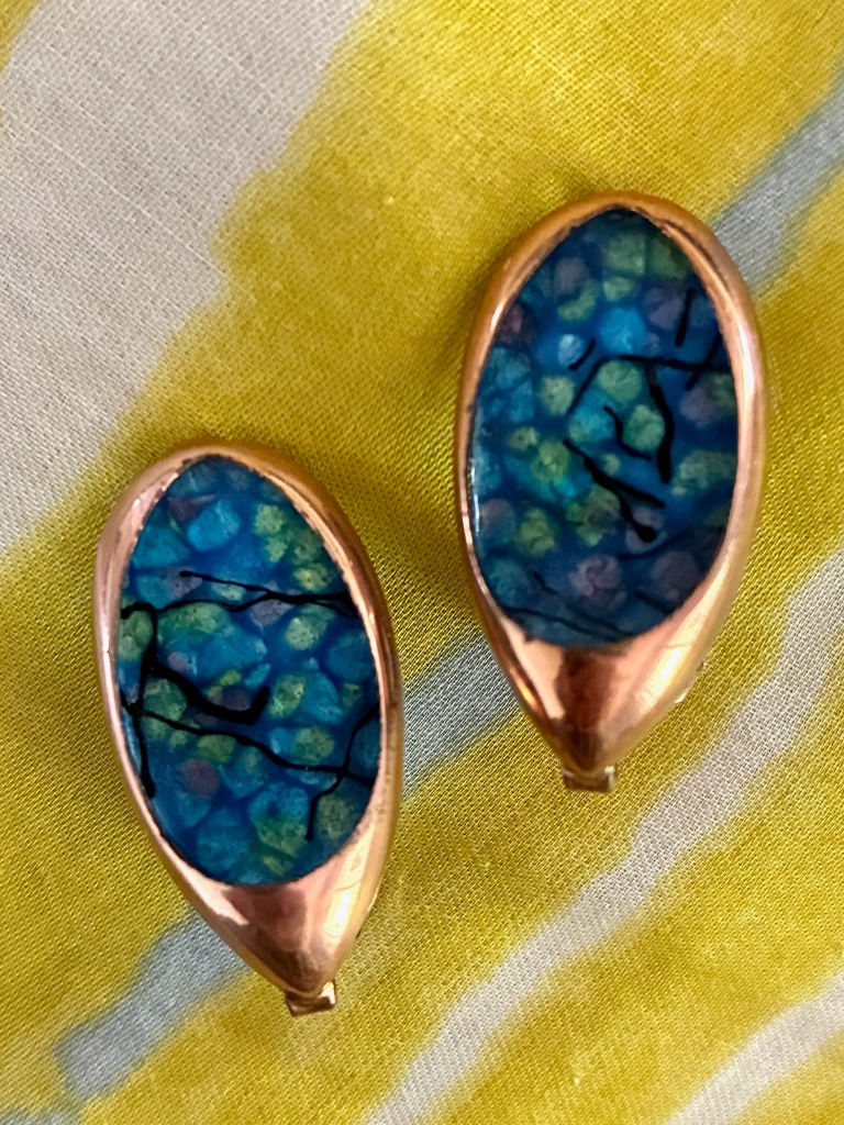 Vtg 1950s Copper Earrings Matisse Renoir Nile Blue Enamel Clip On